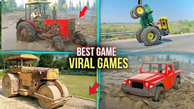 Best Indian Tractor Games 2026 showing tractor stuck in mud and offroad farming gameplay comparison