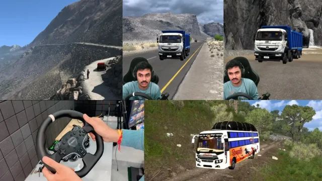 Euro Truck Simulator 2 Pakistan to India route gameplay showing dangerous mountain roads, flooded highways and Tata Signa truck mod