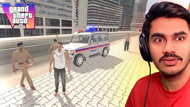 Indian GTA game for Android showing police Bolero chase scene in modern Indian city environment