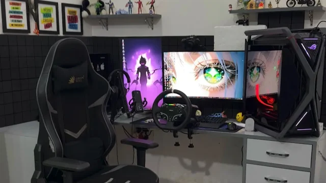 MOZA R5 racing wheel review 2026 showing full gaming setup with direct drive wheel base and pedal system