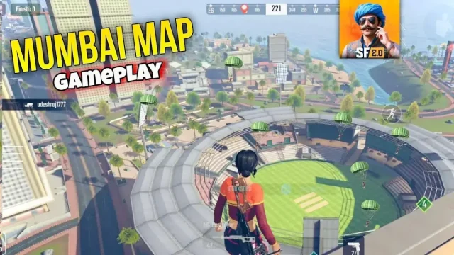 ScarFall 2.0 Mumbai Map gameplay showing cricket stadium and parachute drop