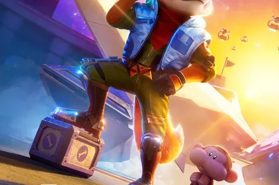 Fox McCloud in Super Mario Galaxy Movie poster flying with Arwing in Nintendo crossover
