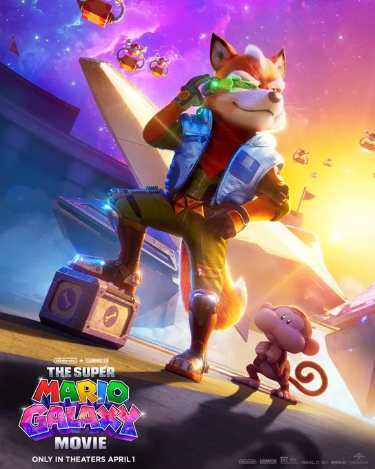 Fox McCloud in Super Mario Galaxy Movie poster flying with Arwing in Nintendo crossover