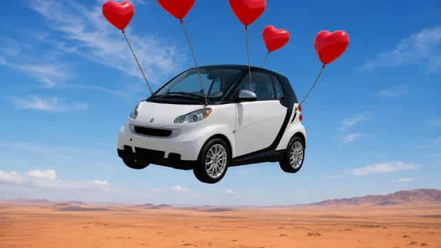 White car floating in the sky with red heart balloons in Garry's Mod.
