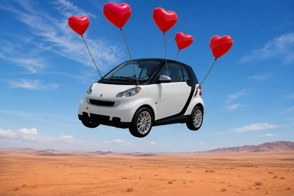 White car floating in the sky with red heart balloons in Garry's Mod.
