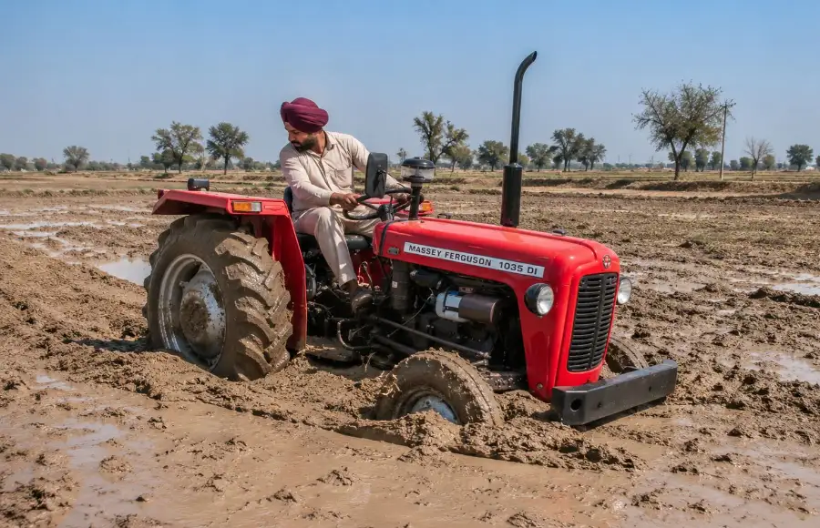 Indian Desi Life Simulator 3D tractor driving in a muddy farming field