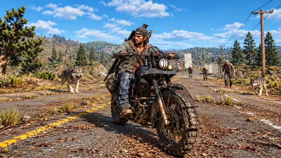 Days Gone featuring Deacon St. John riding his motorcycle through a dangerous wilderness with Freakers nearby