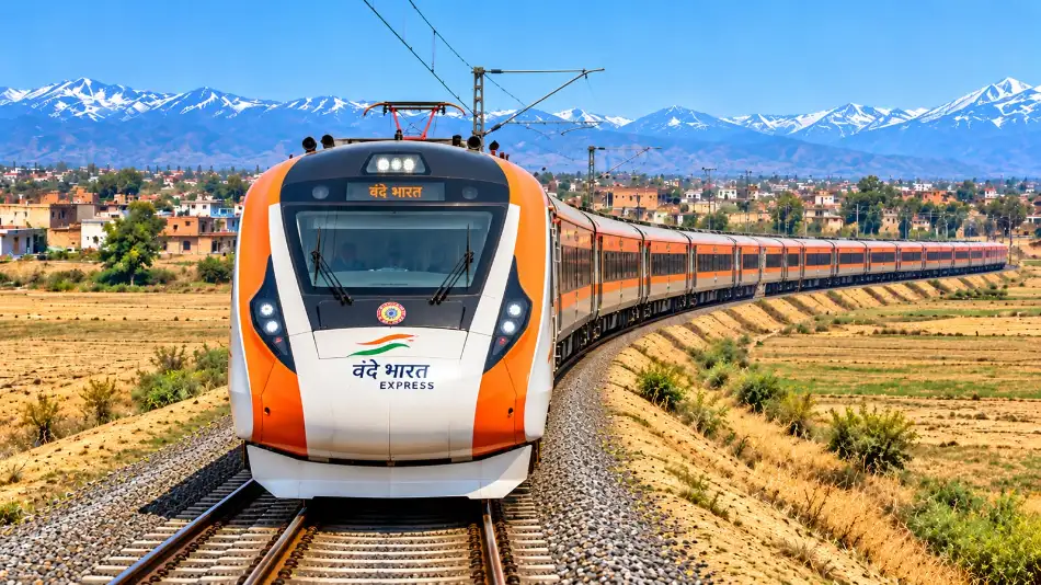 Indian Railway Simulator featuring a Vande Bharat train traveling through an Indian railway landscape