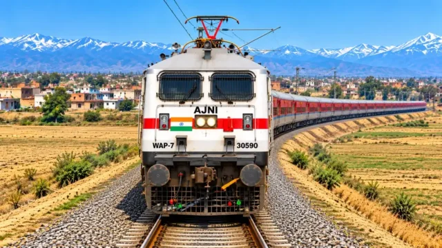 Rail Universe Indian train simulator featuring a WAP-7 locomotive traveling through a scenic railway route