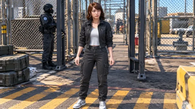 Zombie Girl protagonist standing inside a secured industrial compound with a guard nearby