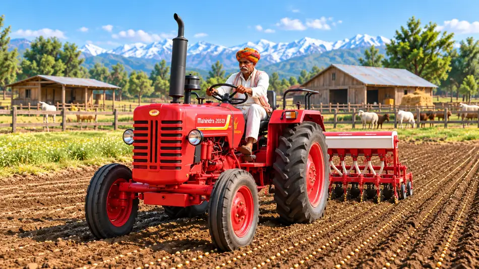किसान Farming Game featuring a farmer driving a red tractor through a farm field