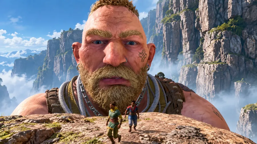 Split Fiction characters facing a giant bearded character in a dramatic mountain environment